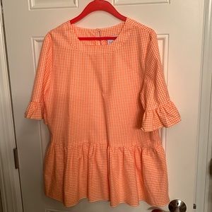 LaRoque orange/white cotton check ruffle blouse. Size L